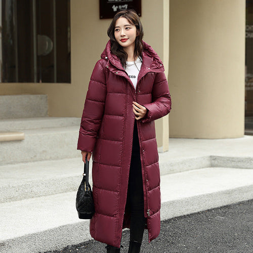 Women's Super Long Down Jacket Winter Puffer Thick Coat Black Red