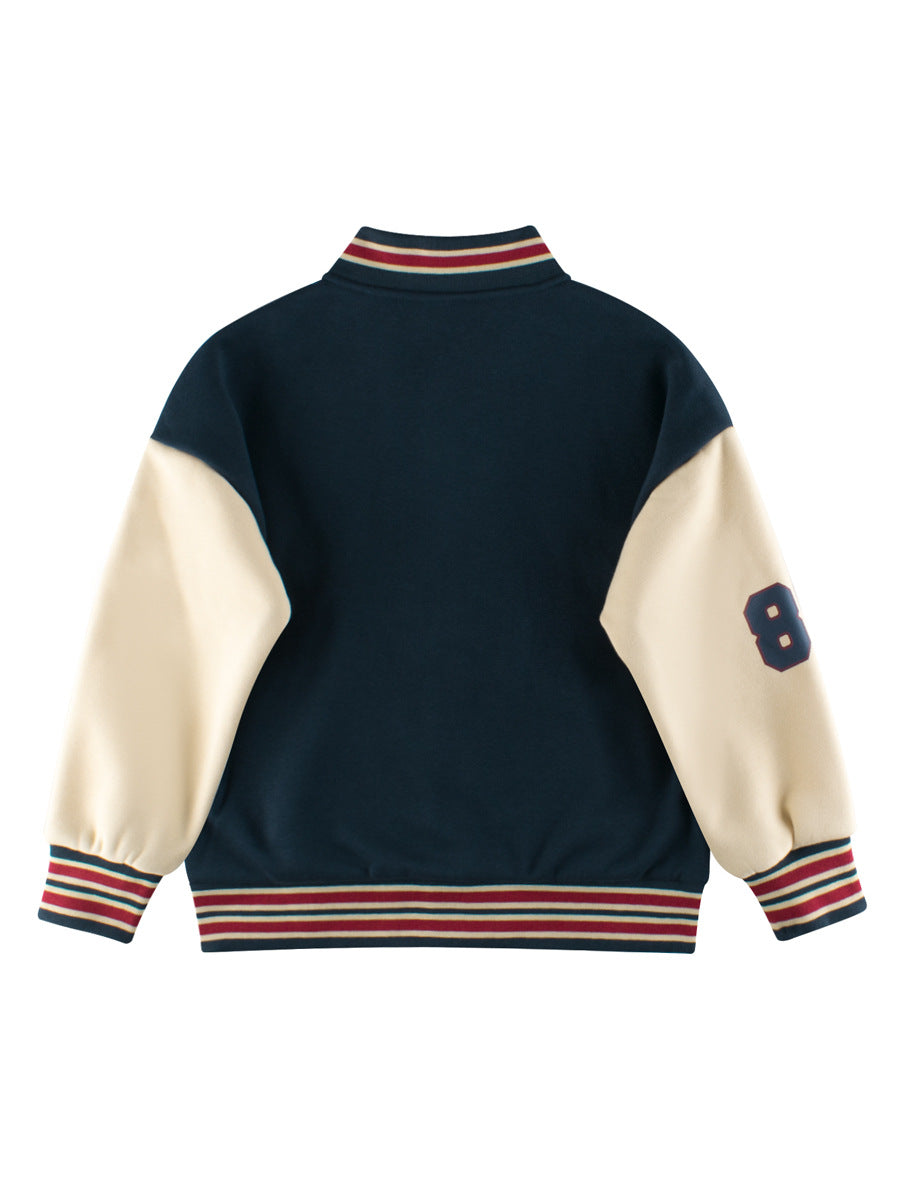 Boys and Girls Teddy Bear and Letters Printed Contrast Design Color Patchwork Single Breasted Striped Baseball Coat