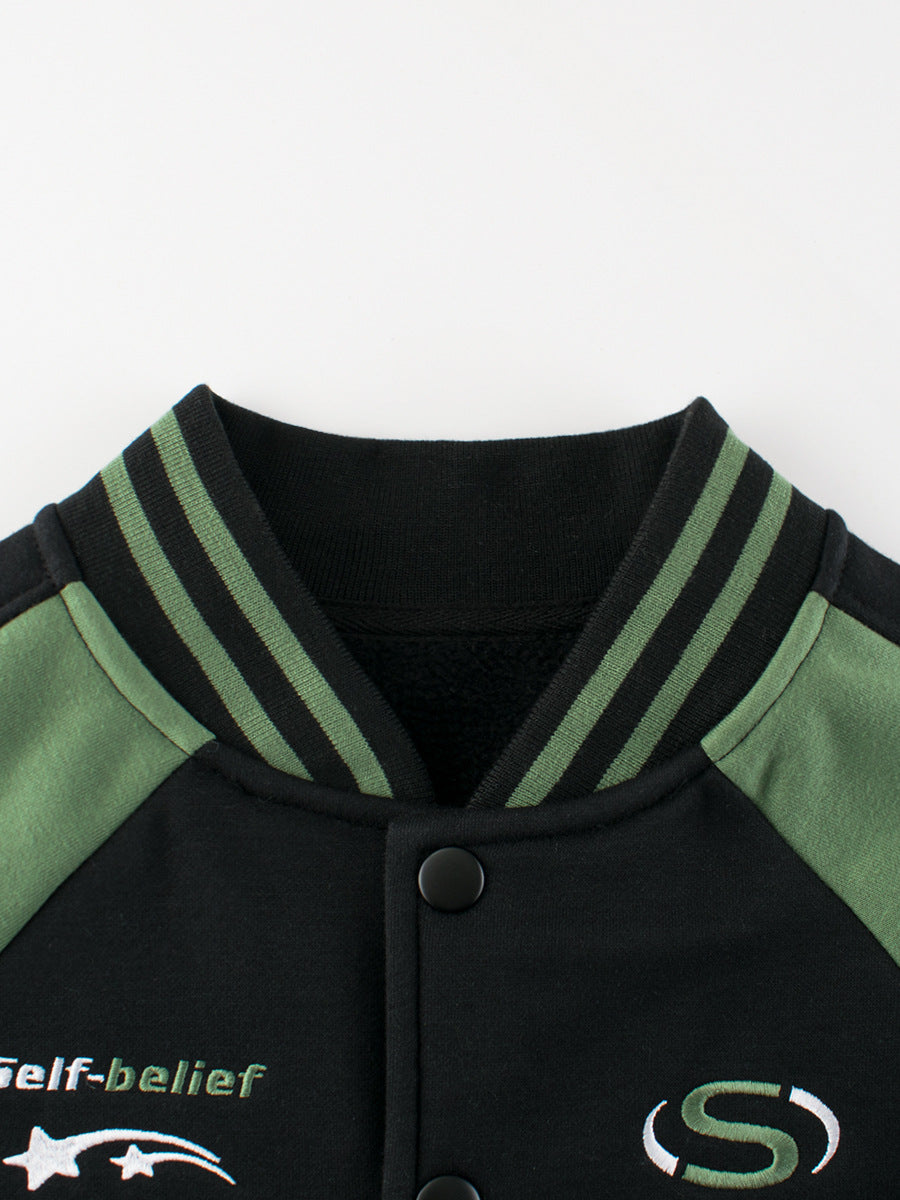 Boys and Girls Letters and Stars Printed Contrast Design Color Patchwork Single Breasted Baseball Coat