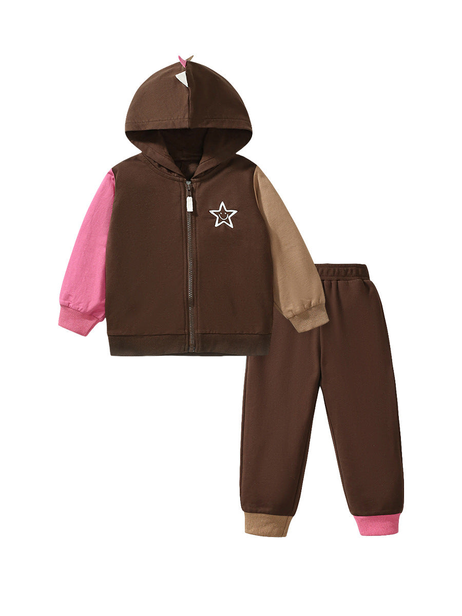 Spring And Autumn Kids Unisex Casual Color Patchwork Long Sleeves Single Breasted Top Hoodie And Pants Clothing Set