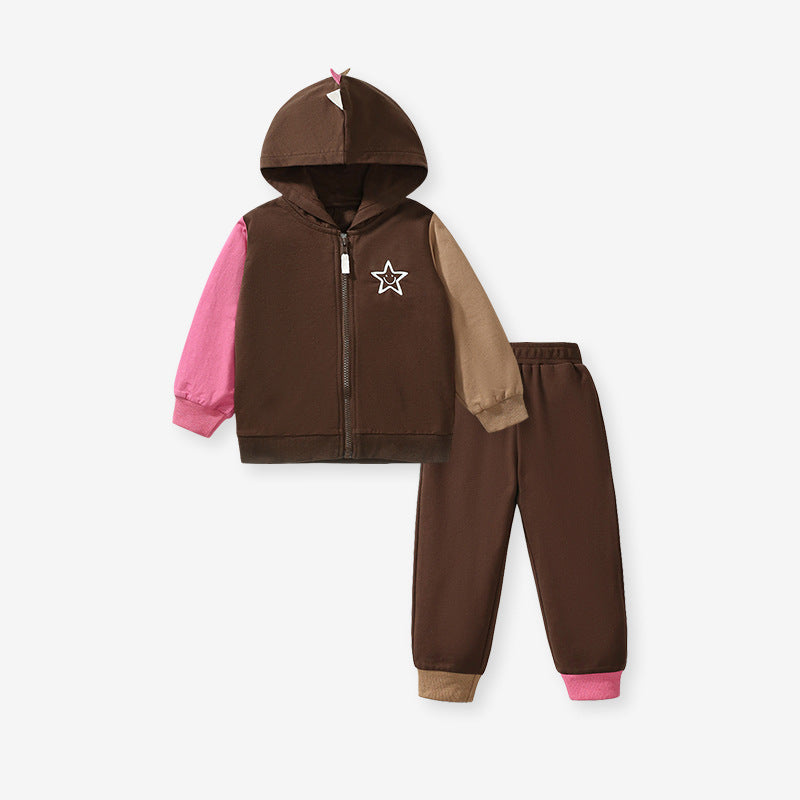 Spring And Autumn Kids Unisex Casual Color Patchwork Long Sleeves Single Breasted Top Hoodie And Pants Clothing Set