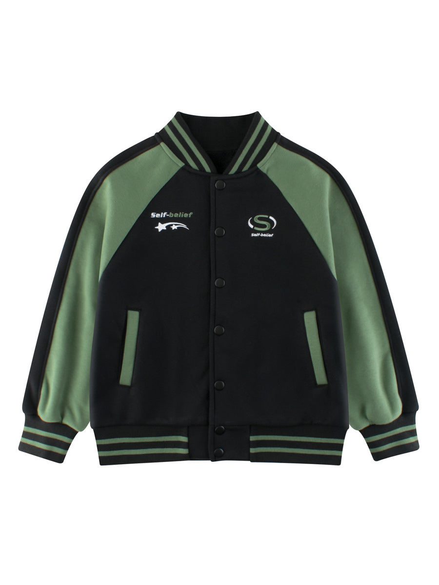 Boys and Girls Letters and Stars Printed Contrast Design Color Patchwork Single Breasted Baseball Coat