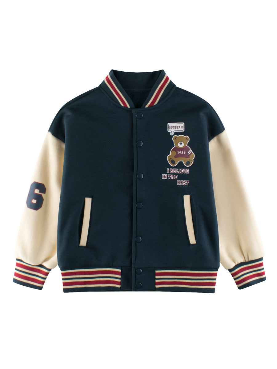 Boys and Girls Teddy Bear and Letters Printed Contrast Design Color Patchwork Single Breasted Striped Baseball Coat